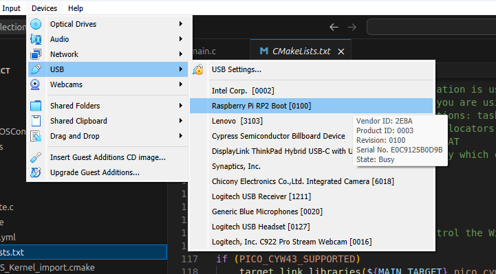 "Connecting USB to virtual machine"