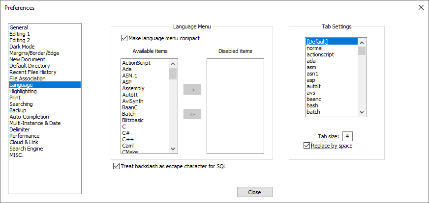 Kuvaruutukaappaus Preferences-ikkunasta, jossa on valittu vasemmalta "Language" ja rastittu kohta "Replace by space"