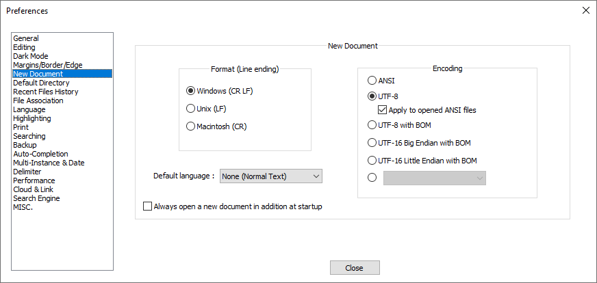Kuvaruutukaappaus Preferences-ikkunasta, jossa on valittu vasemmalta "New Document" ja valittu Format-kohdasta "Windows" sekä Encoding-kohdasta "UTF-8"