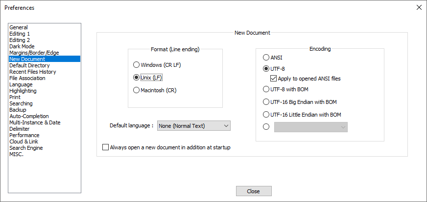 Kuvaruutukaappaus Preferences-ikkunasta, jossa on valittu vasemmalta "New Document" ja valittu Format-kohdasta "Windows" sekä Encoding-kohdasta "UTF-8"