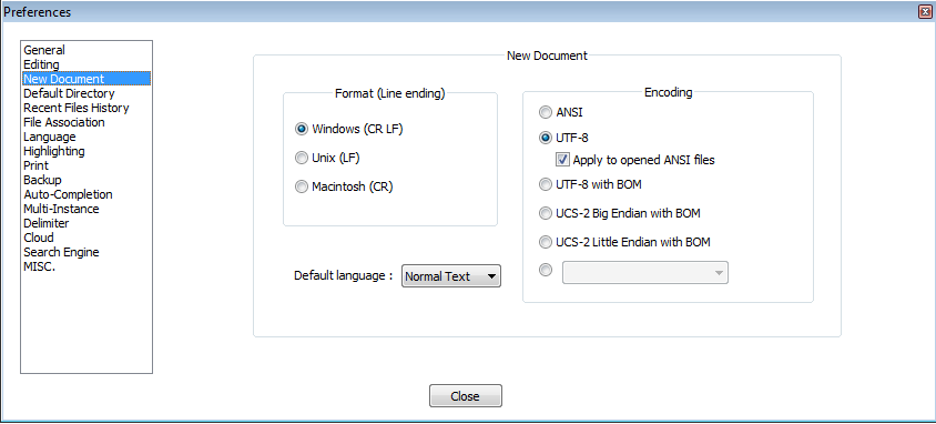 Kuvaruutukaappaus Preferences-ikkunasta, jossa on valittu vasemmalta "New Document" ja valittu Format-kohdasta "Windows" sekä Encoding-kohdasta "UTF-8"