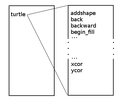 Kuva, jossa on kaksi laatikkoa: ensimmäisen sisällä on ohjelman nimiavaruus, joka sisältää ainoastaan nimen "turtle", toisen sisällä on neljä ensimmäistä ja kaksi viimeistä nimeä turtle-moduulista (ja kolmoispisteet välissä)