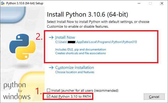 kuvakaappaus, jossa korostetaan, että "Add Python 3.10 to PATH" on valittuna, jonka jälkeen tehdään tavallinen asennus