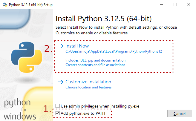 kuvakaappaus, jossa korostetaan, että "Add Python 3.10 to PATH" on valittuna, jonka jälkeen tehdään tavallinen asennus