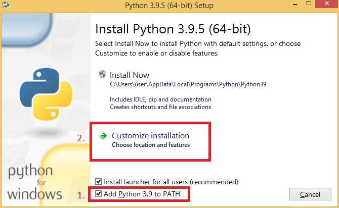 Kuvakaappaus ensimmäisestä asennusikkunasta, jossa korostettu punaisilla laatikoilla kohdat "Add Python 3.9 to PATH" ja "Customize Installation"