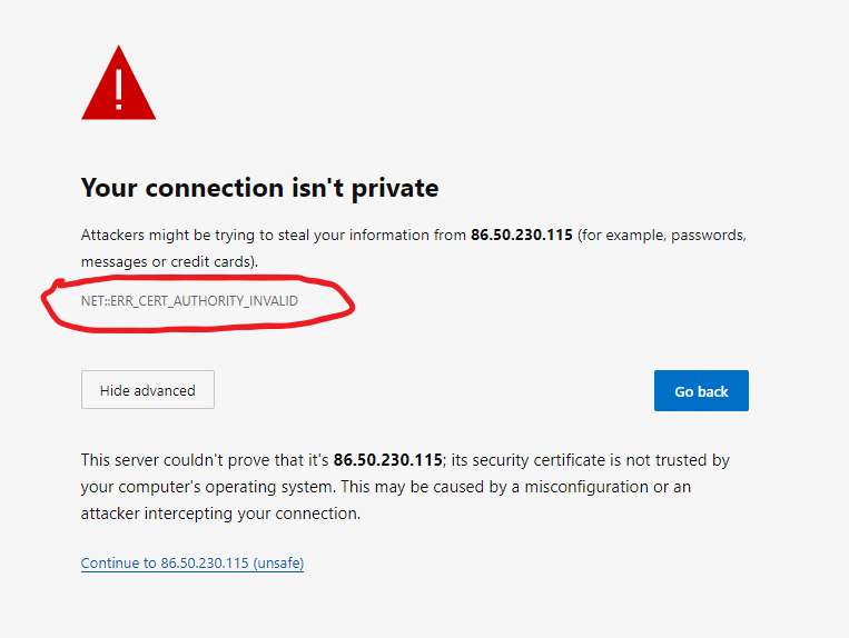 Browser screenshot of security warning with the error code NET::ERR_CERT_AUTHORITY_INVALID